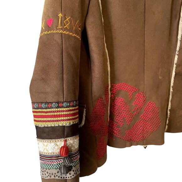 Desigual Festival Embroidered Faux Suede Shearling Boho Jacket Medium EUC - Picture 7 of 11
